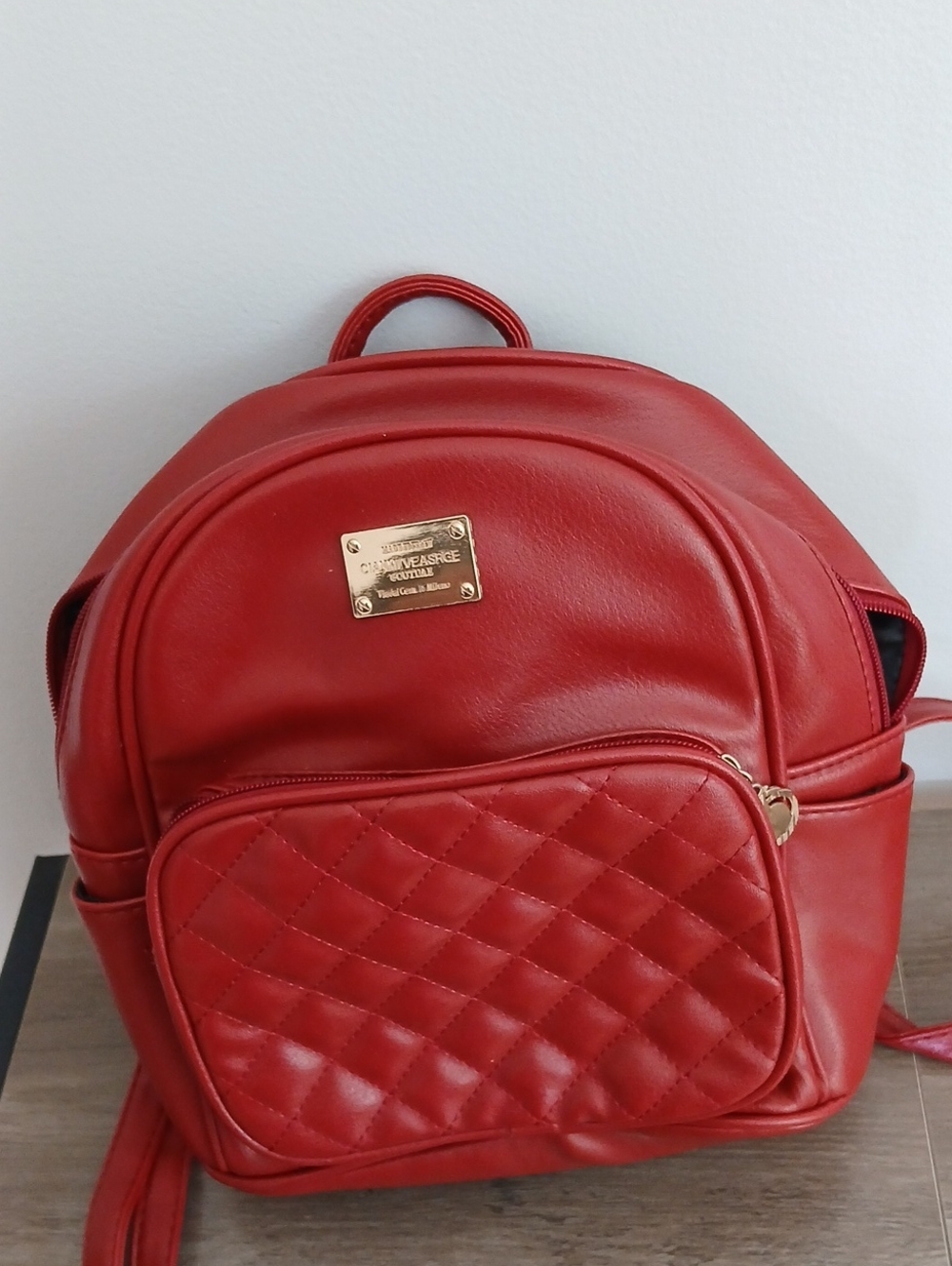 Cianmi Veasrge Red Quilted Backpack with Gold Plate